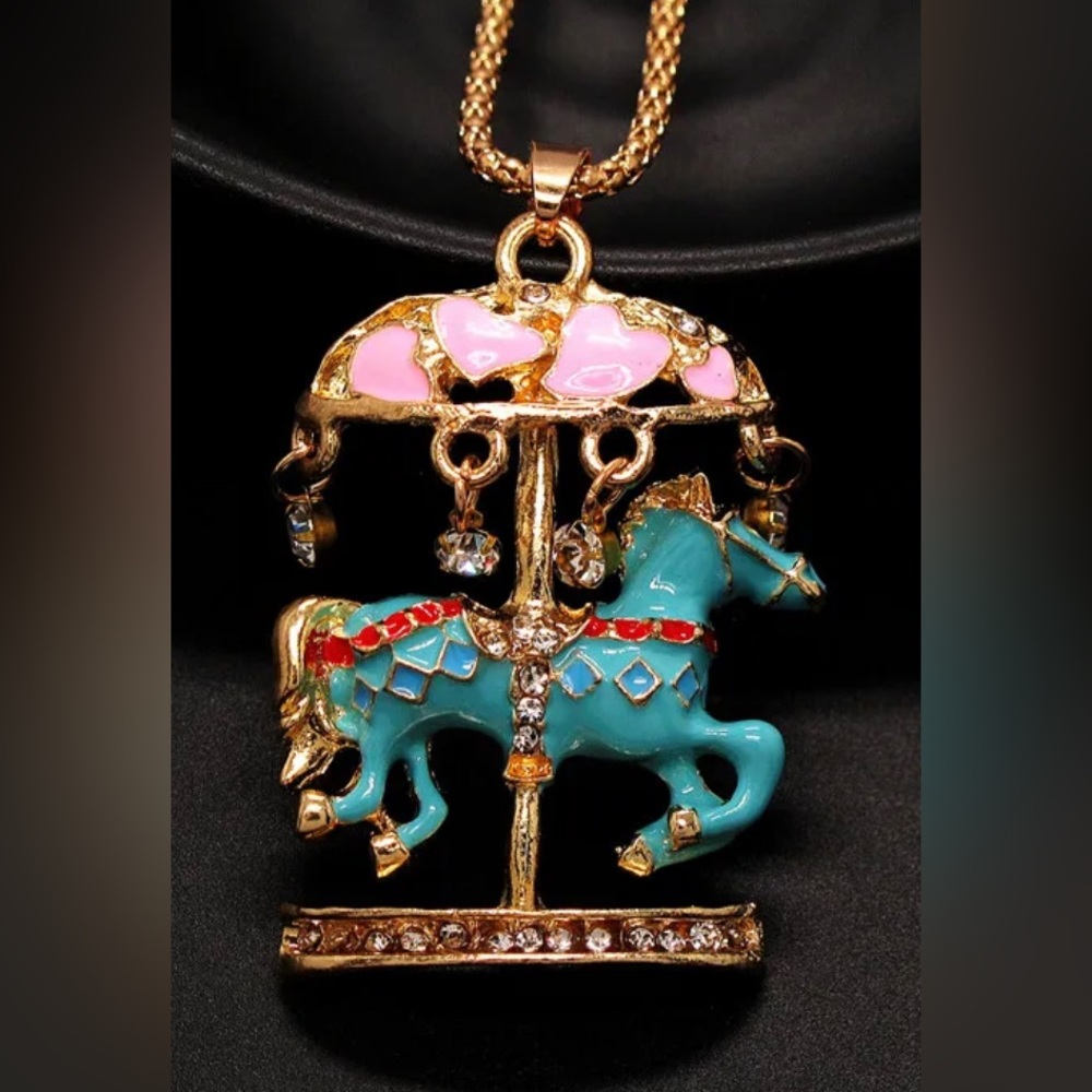 Carousel Merry go round crystal necklace/brooch gold tone pin Teal/Pink